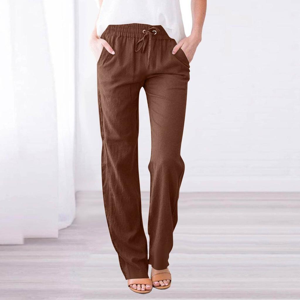 Women Casual Cotton And Linen Solid Drawstring Elastic Waist Long Straight Pants