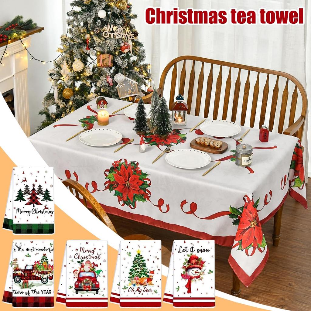 5-Pack Christmas Kitchen Towels Festive Dish Cloths With Santa Elk Snowman Designs For Holiday Dining, Party & Home Decor