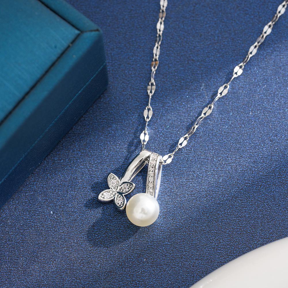 Cross-Border Fashion Zircon & Pearl Titanium Necklace with Flower Design