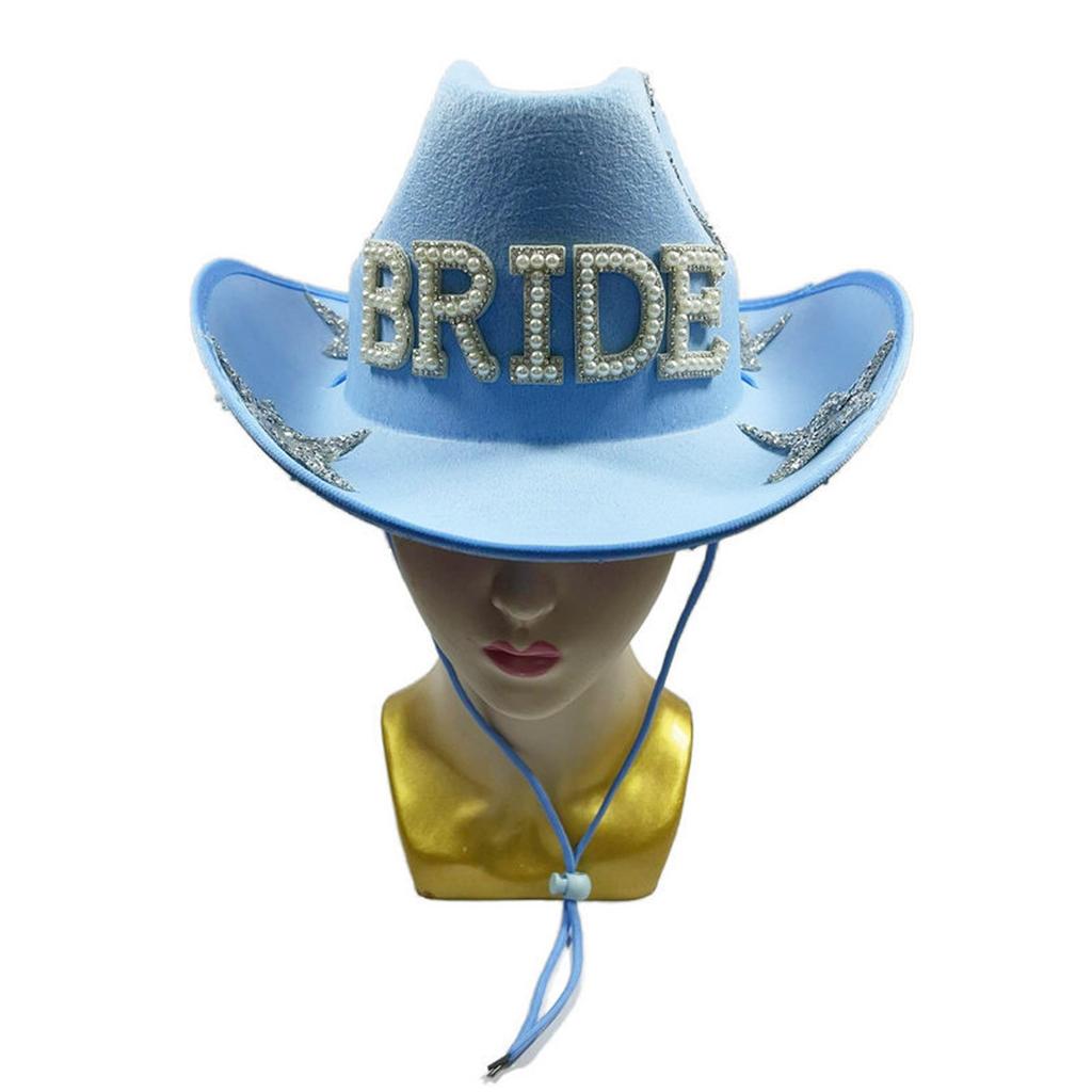 Jeweled Crystal Cowboy Hats Bride Blue Panama Hat for Bachelorette Party Cowboy Hats for Club Stage Shows