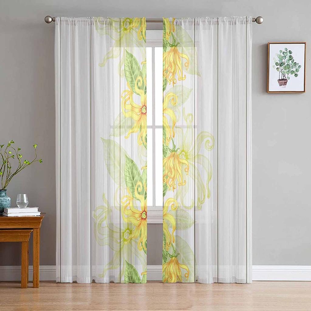 Romantyczna wiosenna firanka z woalu, akwarelowe kwiatowe tiulowe zasłony, dekoracja okien do kuchni/sypialni/salonu