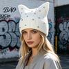 Knitted Winter Hat for Women Cat Ear Girls, Striped Slouchy Crochet Headgear Trendy Festival Fashion with Shiny Rhinestones, Cute Warm Cap Contrast