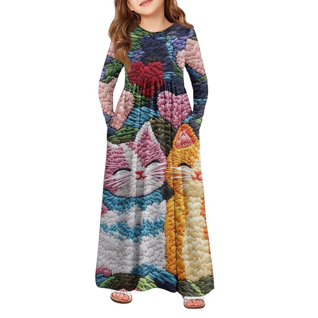 Girls' Maxi Dress - Long Sleeve Pocket Dress Valentine's Day