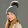 Jaxmonoy Kaschmir-Strickmütze, große Beanie-Mütze mit echtem Waschbärfell und Bommel, hochwertige, warme Mütze, Damenmütze