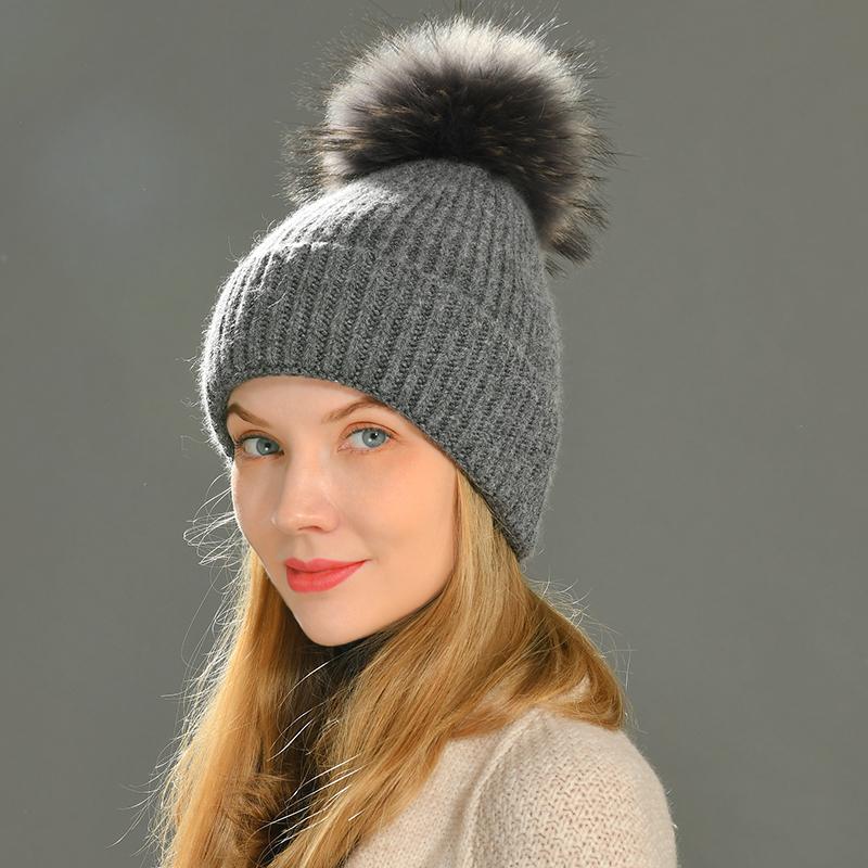 Jaxmonoy Kaschmir-Strickmütze, große Beanie-Mütze mit echtem Waschbärfell und Bommel, hochwertige, warme Mütze, Damenmütze