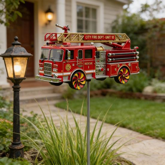 Garden Wind Spinner Metal Wind Spinner with Ground Spike Outdoor Firetruck Decoration