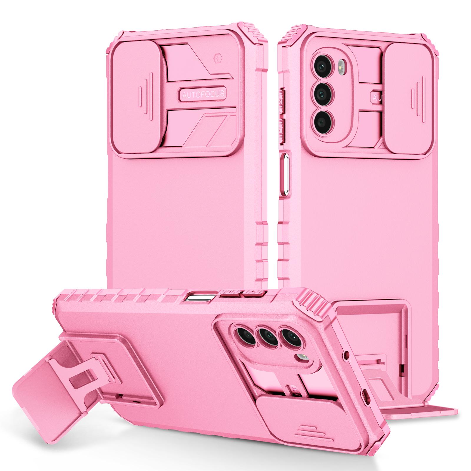 

For Motorola Moto G52 4G/G82 5G Kickstand Back Cover Slide Camera Lid PC+TPU Phone Case Pink