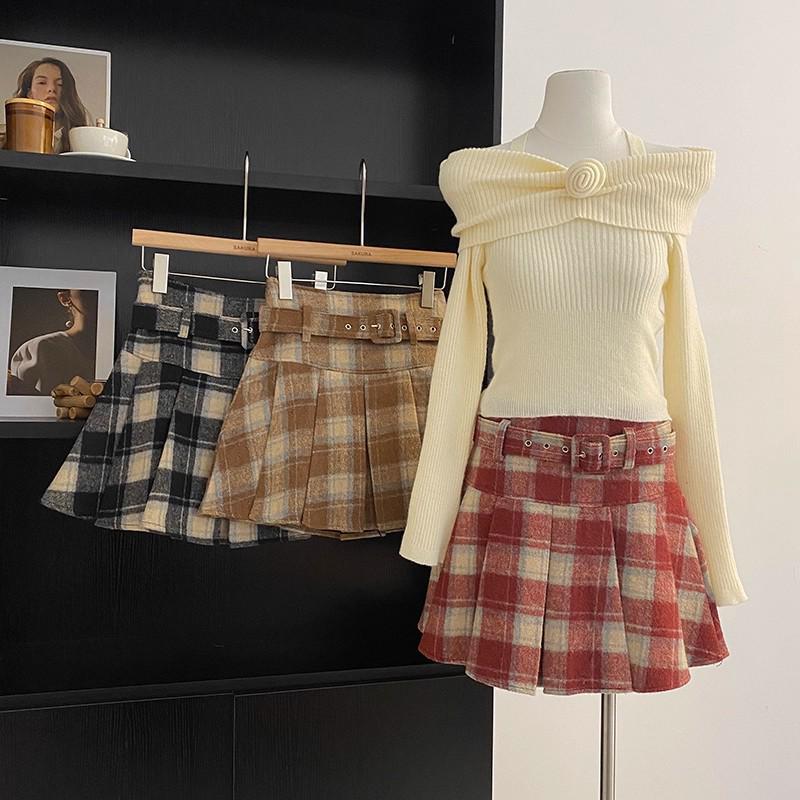 Women's Retro Plaid Wool Blend High Waist Pleated Skirt - Autumn/Winter Academy Style A-Line Short Skirt