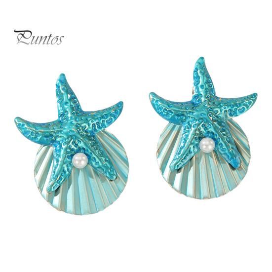 Ocean Theme Jewelry 1 Pair Starfish Shell Dangle Earrings for Women, Faux Pearl Bohemian Beach Earrings, Statement Summer Vacation 3D Relief