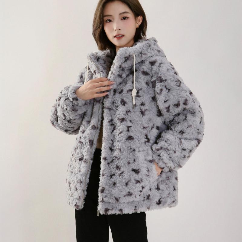 Cozy Faux Rabbit Fur Hooded Jacket Vintage Spots Fluffy Winter Coat Warm Thickened Premium Outerwear