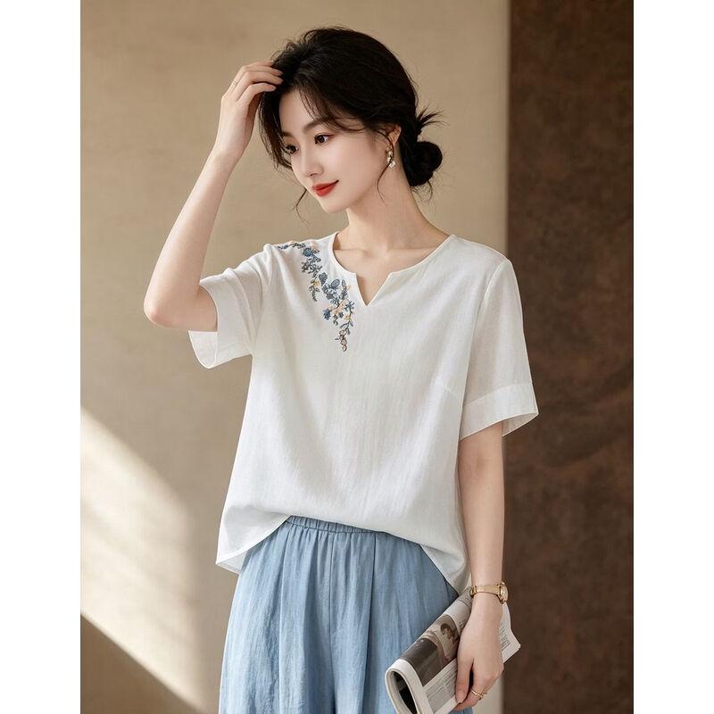 D.F.DEAR Women's Embroidered V-Neck Half Sleeve Blouse