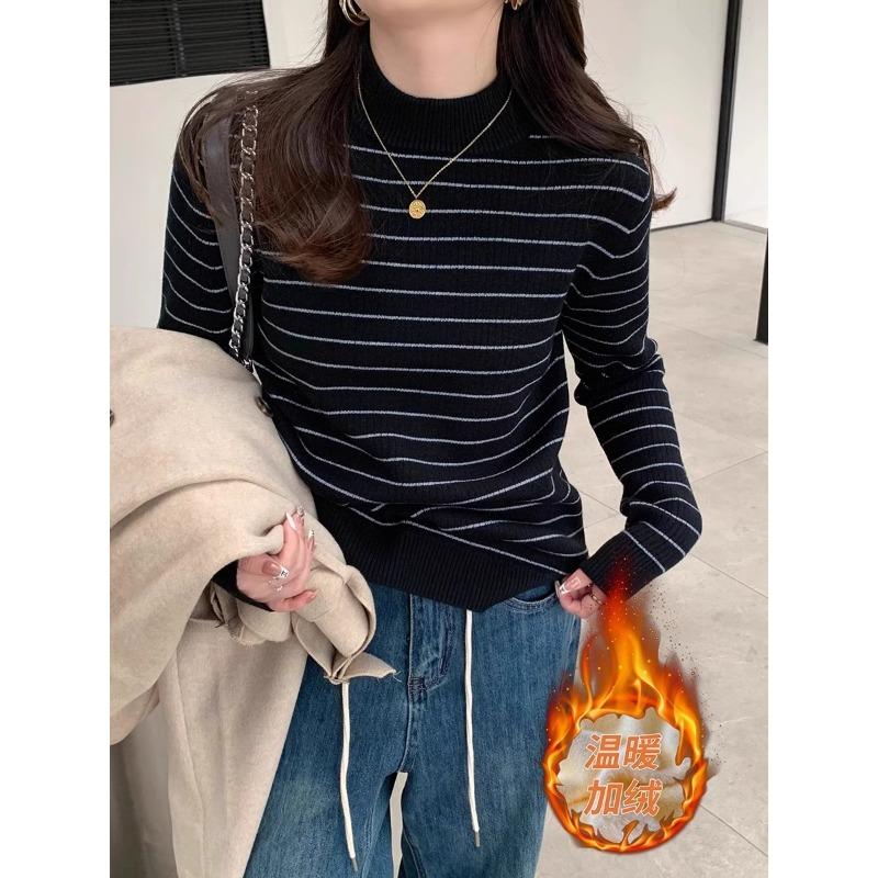 

Женский свитер с полувысоким воротником, в полоску, с цветовой блокировкой, из плюшевого флиса, толстый, новый трикотажный свитер для женщин на осень и зиму для ношения под низ average code