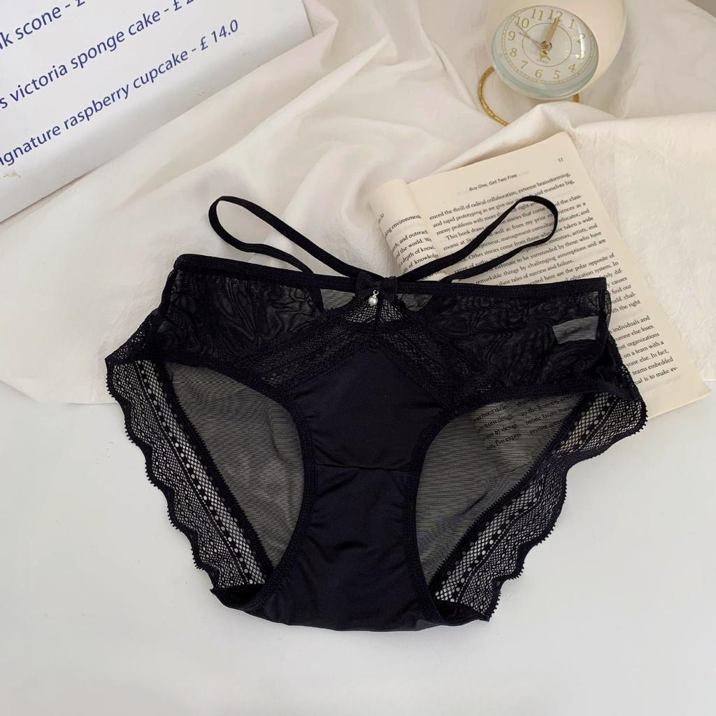Ladies Spring and Autumn Sexy Lace Cross Strap Breathable Mesh Cotton Crotch Panties