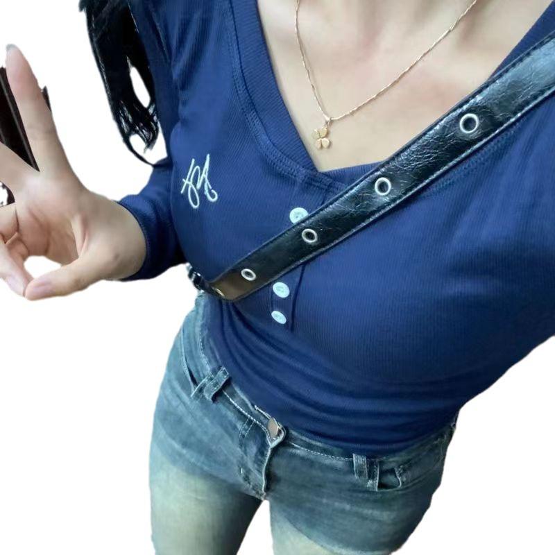 Top trendy de damă cu mânecă lungă, decolteu în V, croială slim fit, dulce și picant