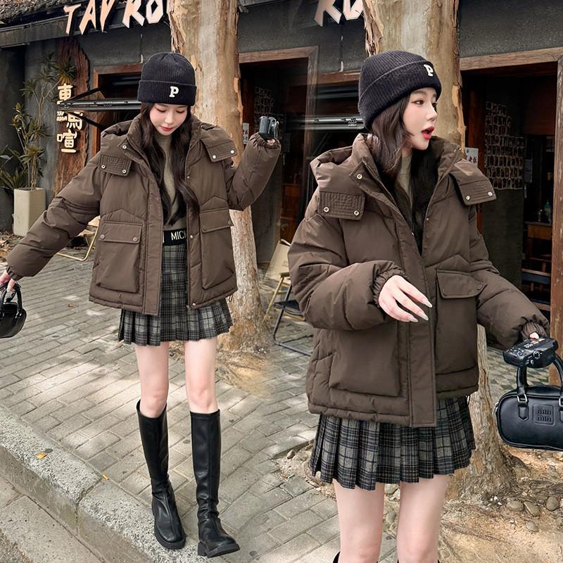 Womens Loose Short Hooded Cotton Coat 2026 Fall Winter Solid Color Casual Jacket With Pockets