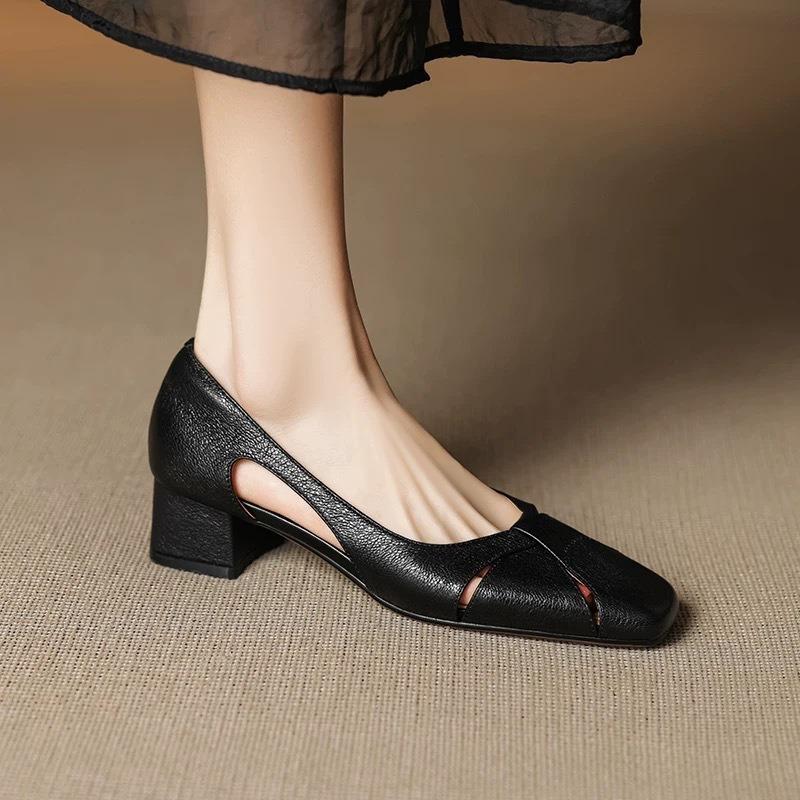 Sandales ajourées à bout carré Sabots pour femmes Rétro à encolure basse Respirantes à talons carrés Chaussures simples