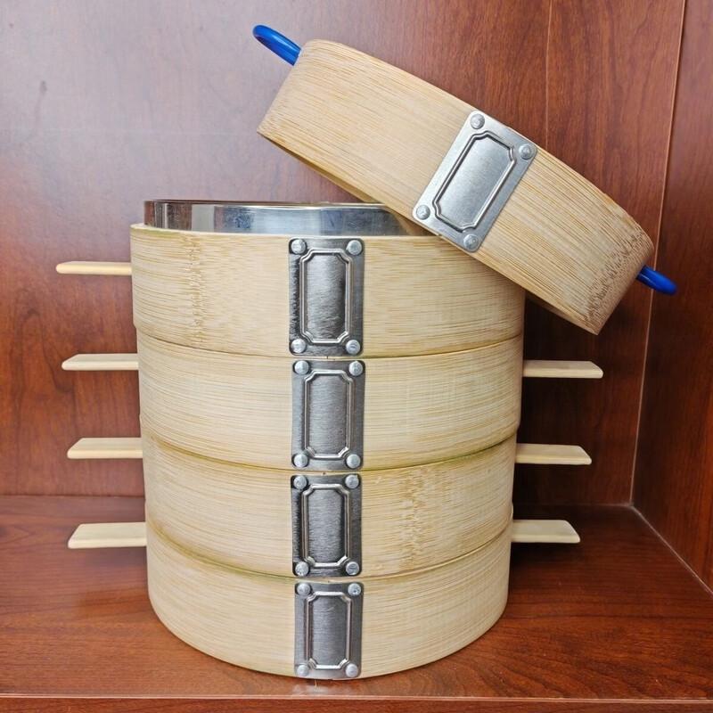 Handun 20CM Bamboo Steamer Set with Stainless Steel Rim