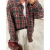 Women Vintage Long Sleeve Shirt Oversized Plaid Shirt Autumn Winter Fashion Loose Lapel Pocket Shirt Fit Blouse Korean Style