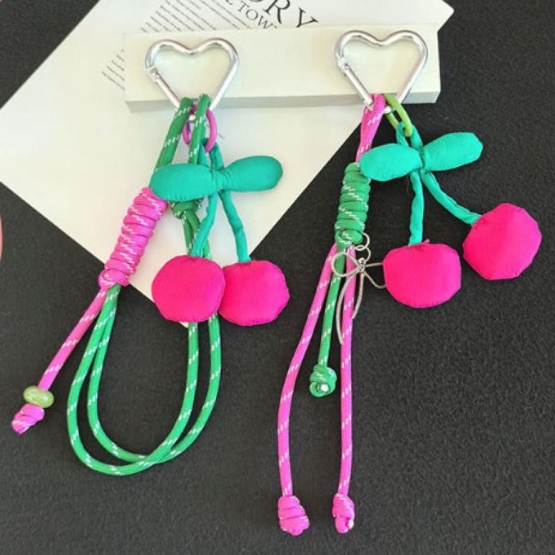 Fabric Cherry Detachable Heart-Shaped Beaded Keychain Mobile Phone Chain Anti-Loss Lanyard