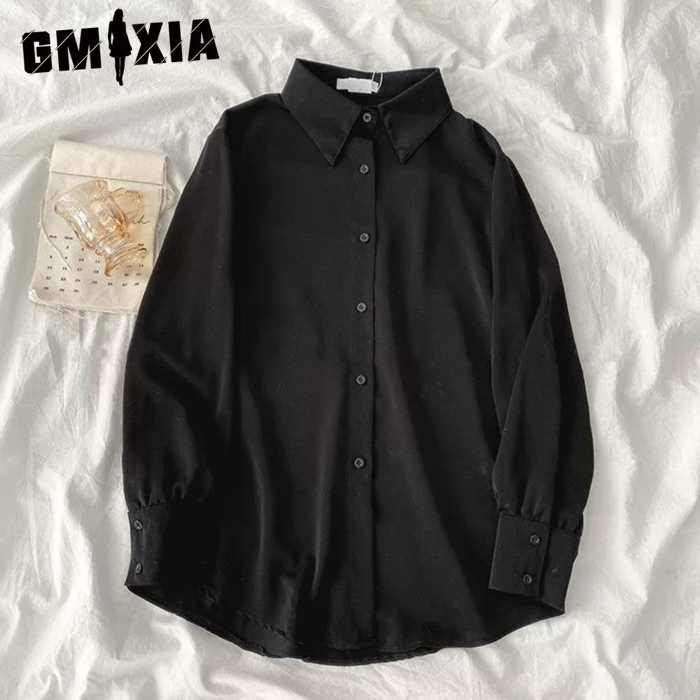 

GMXIA Жіночі модні повсякденні одноколірні блузки та сорочки з довгими рукавами та вирізом з горловиною XXL чорний