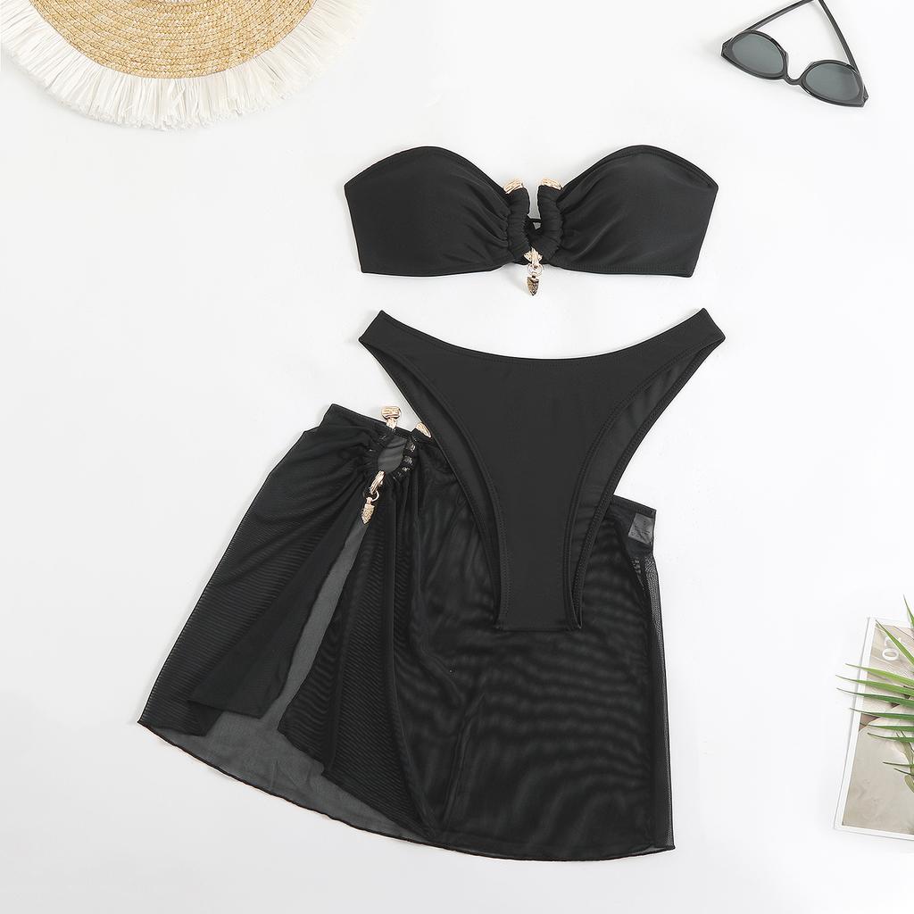 New Cross Border Swimsuit Solid Color Metal Buckle Three Pieces Women's Split Bikini Set Swimsuit