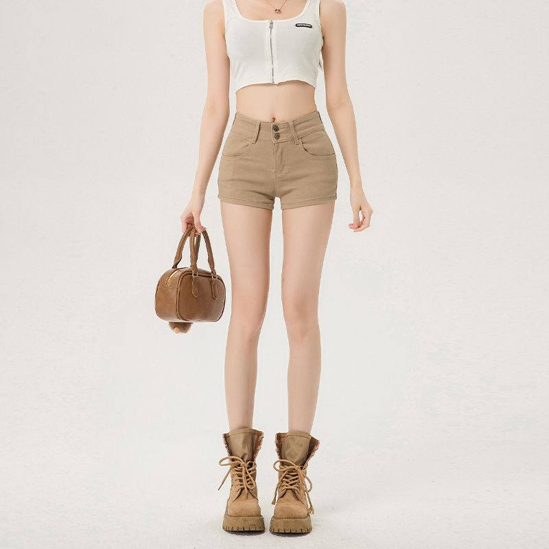 

Американские хаки джинсовые шорты женские лето 2025 новая коллекция высокая посадка стройнящие облегающие двойная пряжка эластичные на бедрах горячие шорты Khaki XL