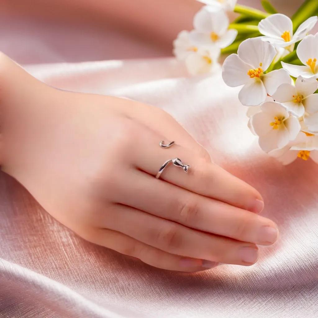 S Silver Cute Cat Rings for Women Sticky Cat with Long Tail Adjustable Ring Elegant Simple Handmade Animals Jewelry