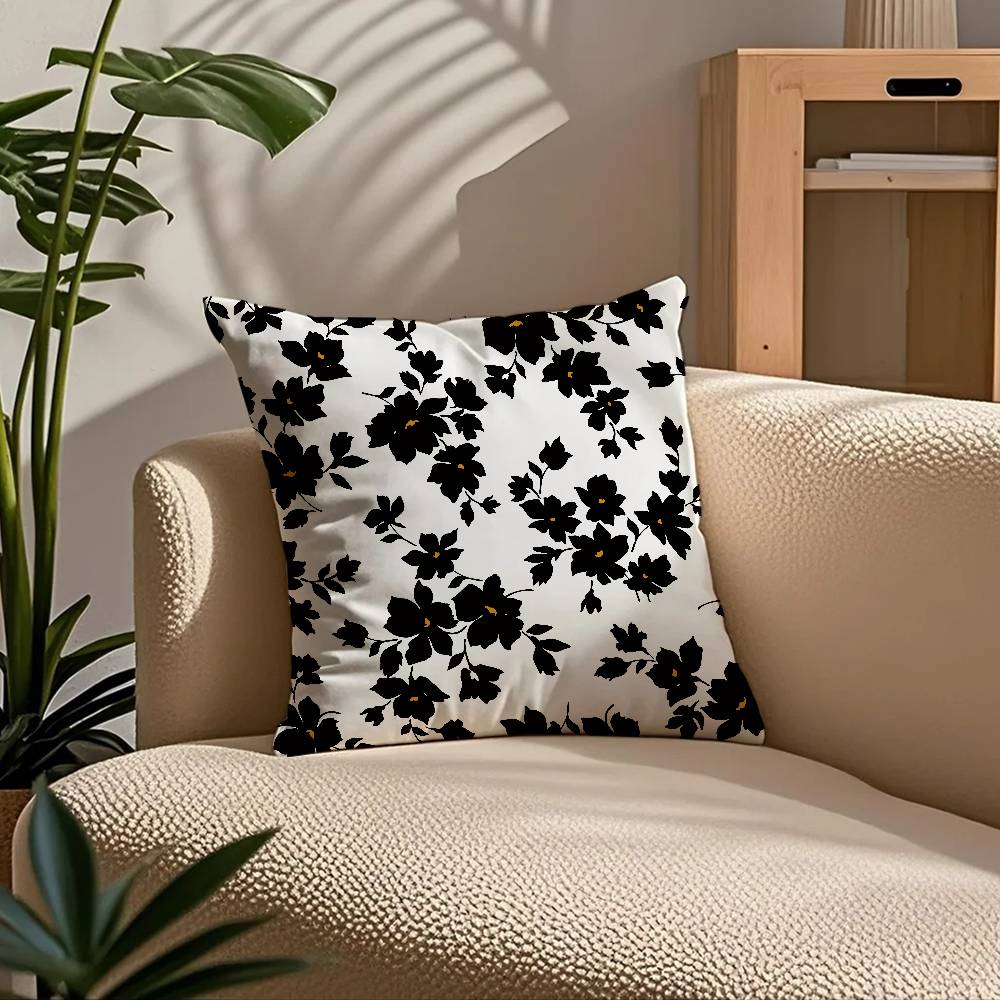 Svartvit Växtmönster Blad Kuddfodral Komfort Soffa Säng Silkeslen Elegant Dold Dragkedja Anpassad Dekorativ Kuddeöverdrag