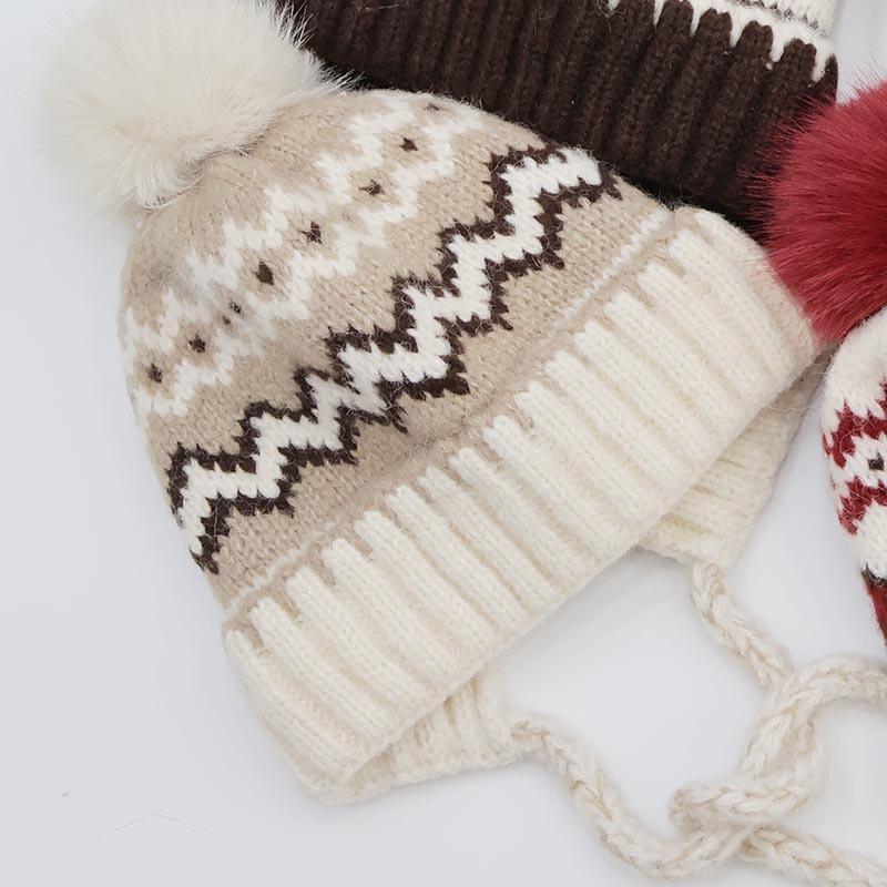 Fair Island Jacquard Ear Cap Women's Autumn and Winter Fleece Thickened Hairball Knitted Strap Windproof Warm Lei Feng Wool Cap