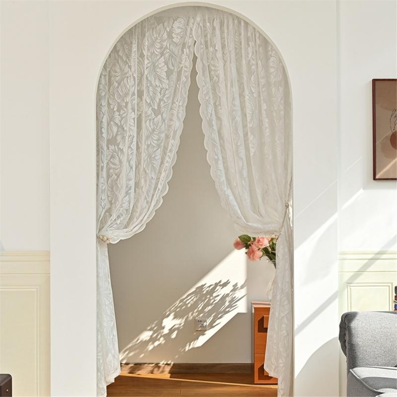 Leaf Embroidered White Sheer Curtains Rod Voile Drapes for Bedroom and Living Room for Privacy Protections Decors