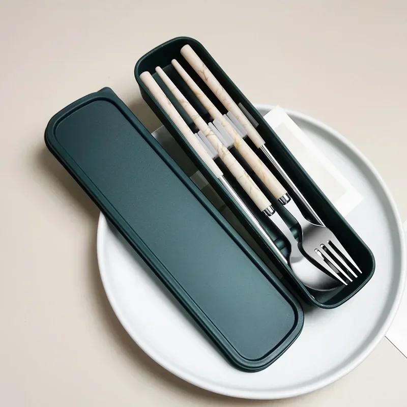 3Pcs/Set Portable Cutlery Set With Box Spoon Fork Chopsticks Set Stainless Steel Lunch Tableware Dinnerware Kitchen Accessories