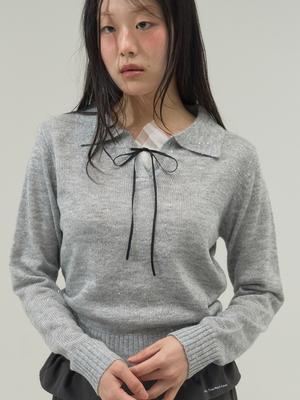 SORRY, TOO MUCH LOVE Ribbon Tie Collar Knit Top_Gray