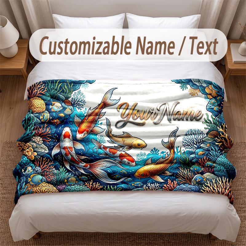 Fish Ocean Theme Soft Blanket Personalized Custom Name Text Print Warm Blanket Home Sofa Bedroom Decor