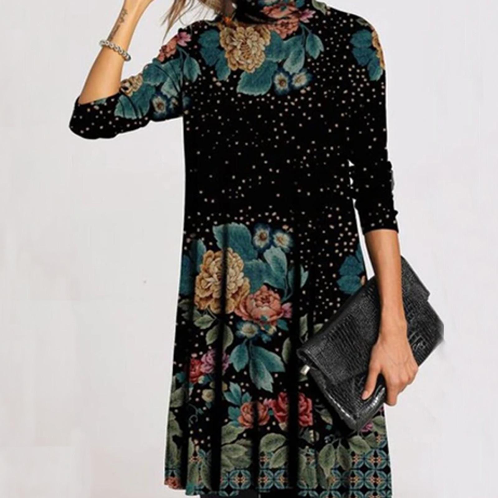 

StingyBoy женское свободное повседневное платье с литературным ретро-принтом и половиной высокого воротника и длинными рукавами 5XL чёрный