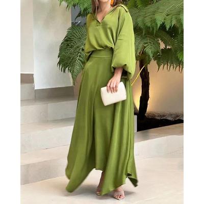 Women's Summer Loose Large-size Solid Color Long-sleeved Top High Waist Half-length Skirt 2-piece Set Clothes Sale