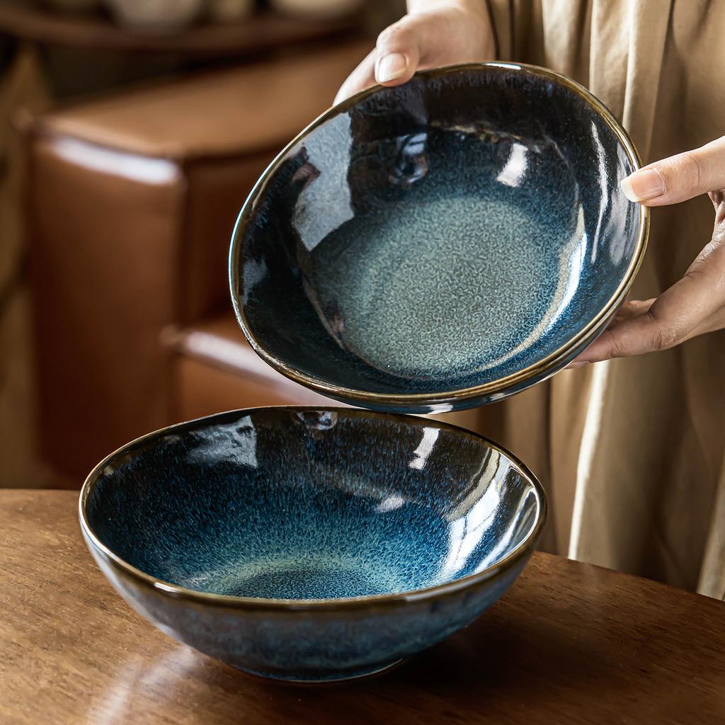 Hochwertiger Ofenwechsel Blaue Keramikschale Salatschale Zuhause Restaurant Gemüseschale Nudelschale Retro-Stil Geschirr Speziell geformte Schale