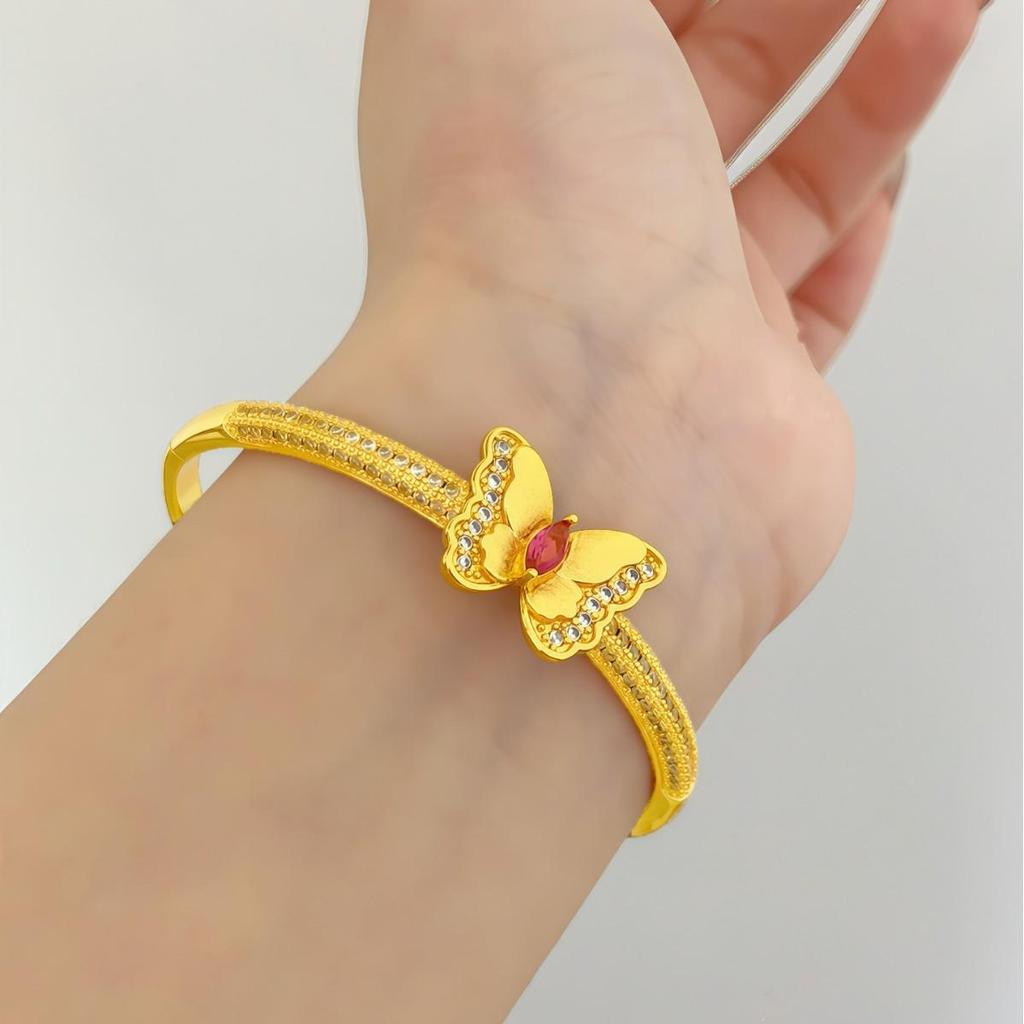 Gold-Plated Ruby Diamond Butterfly Bangle Bracelet - Women's Luxury Fashion Jewelry