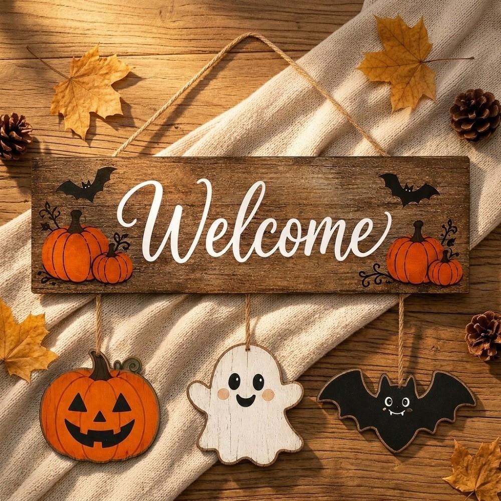 2D Flat Pumpkin Ghost Bat Wood Plaque Wear-Resistant Rustic Welcome Board Pendant Home Outdoor Use
