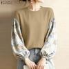 ZANZEA Women Casual Round Neck Print Splice Long Sleeve Loose Blouse