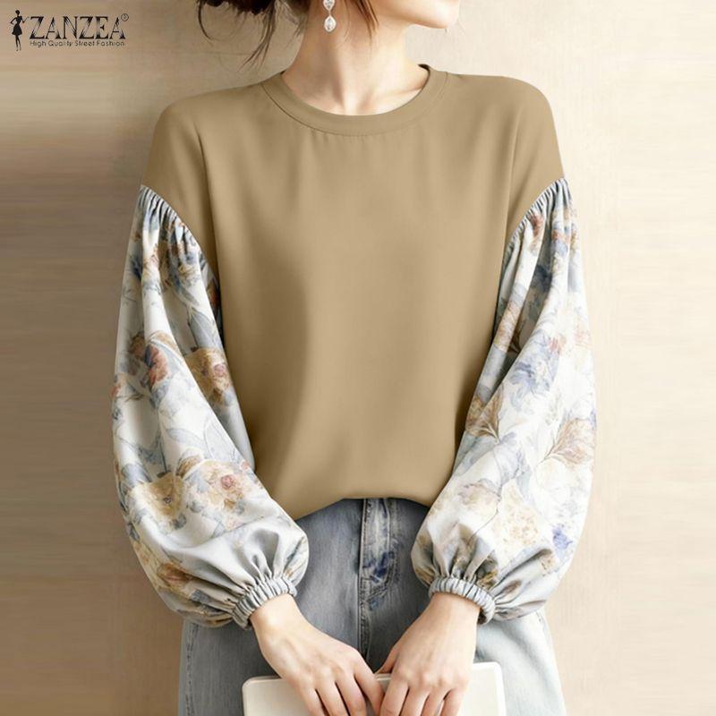 ZANZEA Women Casual Round Neck Print Splice Long Sleeve Loose Blouse