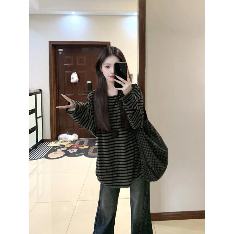 

Large size loose and thin bottoming shirt women s spring lazy wind striped contrasting shirt women s long-sleeved top M чёрный