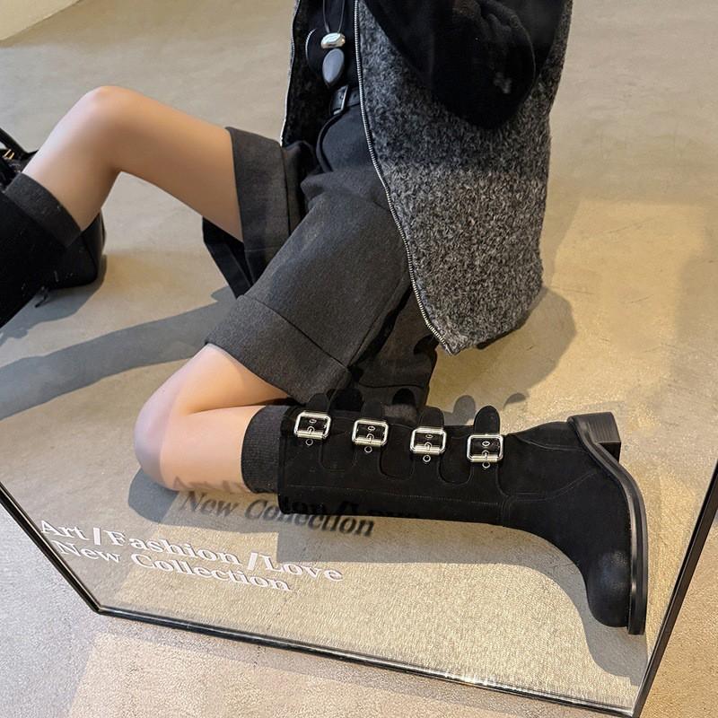 Womens Retro Buckle Biker Boots Square Toe Chunky Mid Heel Knee High Suede
