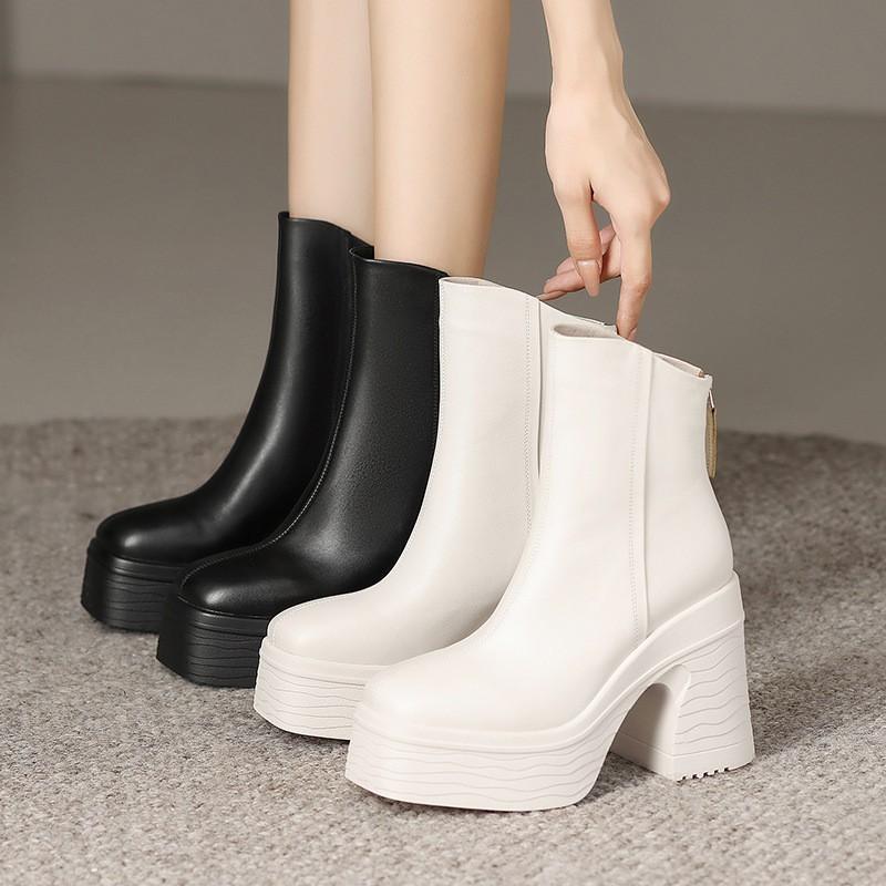 Womens Retro Luxury Chunky Heel Ankle Boots - Square Toe Platform Fashion Fall