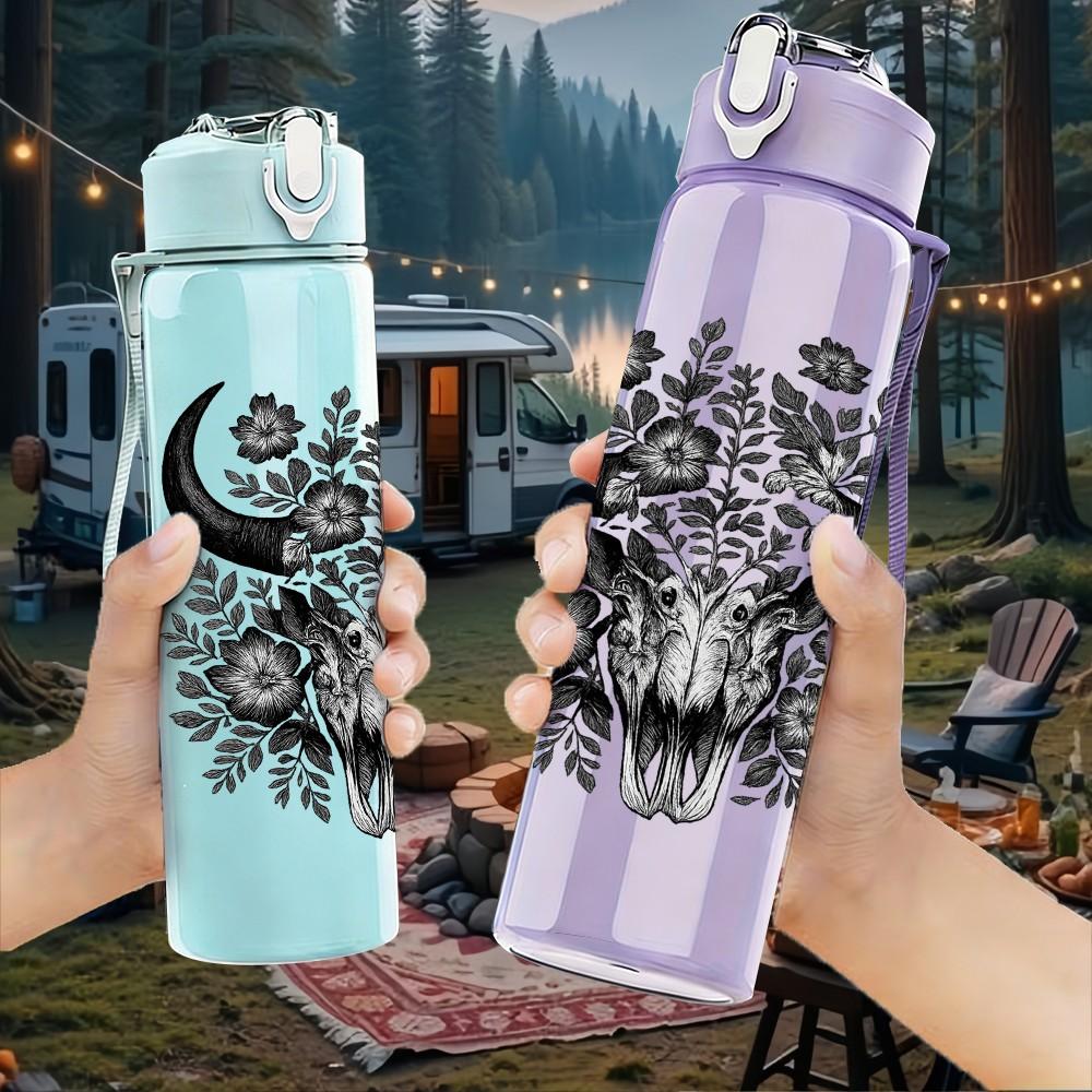 1PC Bull Skull Horn Pattern 750ml Color Plastic Sports Water Bottle Leakproof Flip Straw Lid Suitable for Sports Office Home Use