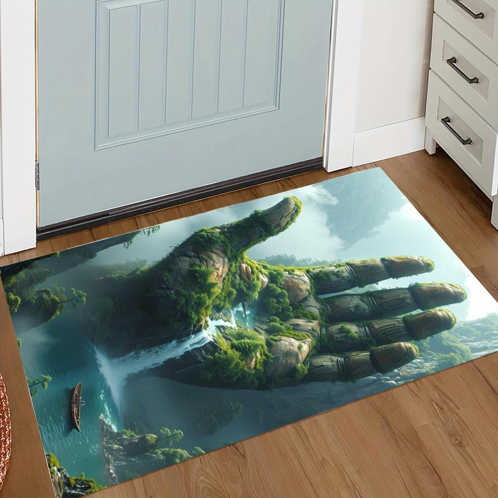 

Vintage Wrecked Vehicle and Magical Landscape Pattern Door Mat 3D Visual Effect with Airplane Bus and Giant Hand Designs 40x60cm