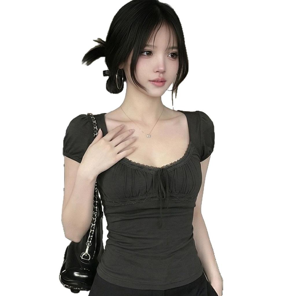 Summer new sweet wind lace lace lace-up bubble sleeve T-shirt women's design sense slim and thin versatile top