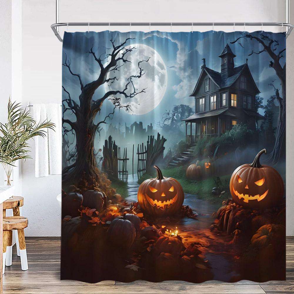 Halloween Shower Curtain Dark Forest Haunted House Graveyard Pumpkin Lantern Ghost Spooky Bathroom Decor Halloween Bath Curtain