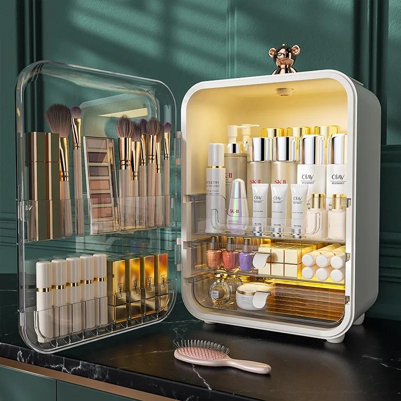 Makeup Organizer Cosmetic Storage Box Light Luxury Desktop Jewelry Organizer with Led Light Lipstick Eyebrow Pencil Container