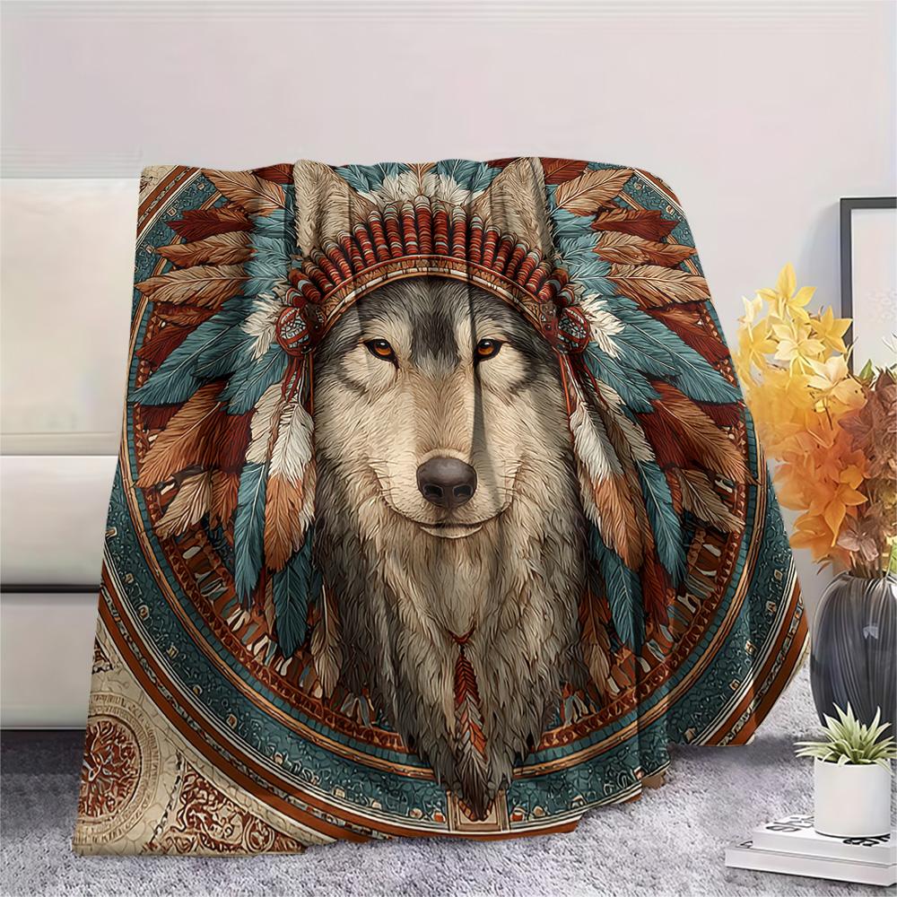 Primitive Wolf Print Flannel Blanket, High quality Comfortable for All Seasons, Home Decor, Warmth and Comfort, Perfect for Christmas Gifts