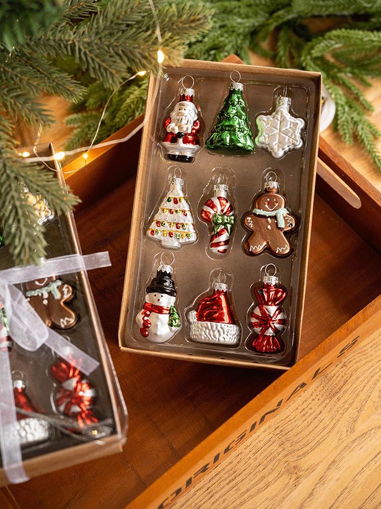 Set of 9 Mini Glass Christmas Tree Ornaments Set Hanging Decorations for Tree & Winter Festival Decor New Year